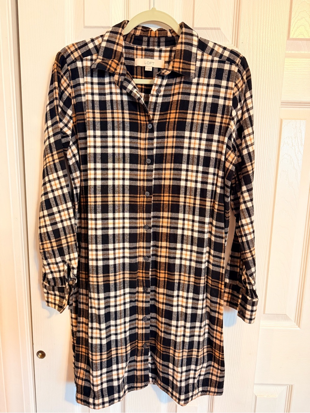 LOFT Plaid Button-Front Shirt Dress in Black, Cream & Tan
